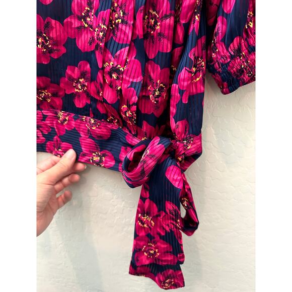 MAYEELOK | Pink Floral Blouse Vibrant 80s Style Pleated Top | Medium - Picture 5 of 8